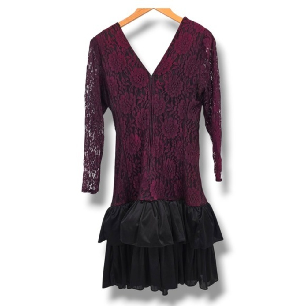Cybill Stewart Vintage Lace Party Dress Cocktail Fit & Flare Maroon Black 80s - Picture 2 of 13